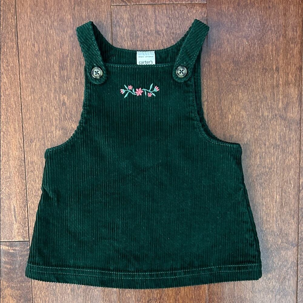Carter's Dark Green Corduroy Dress with Embroidered Floral Detail, Size 3 Months
